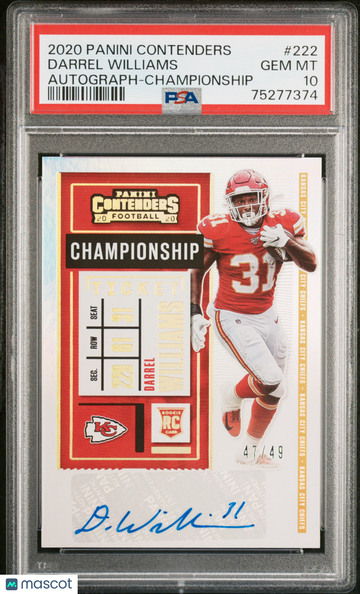 2020 Panini Contenders Darrel Williams #222 Autograph Championship PSA 10