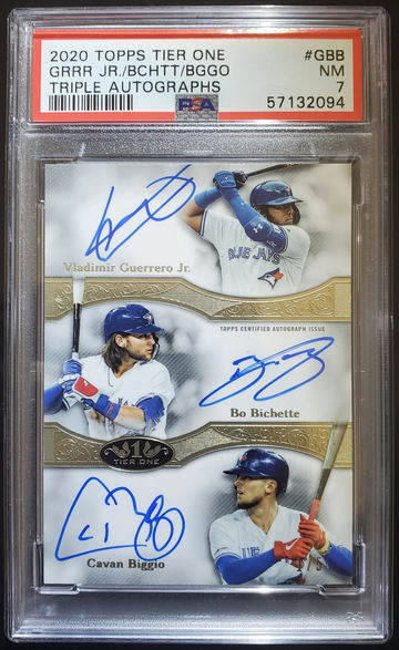 2020 Topps Tier One Vladimir Guerrero Jr, Bo Bichette, Cavan Biggio #GRRR Triple Auto #1/5