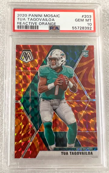 2020 Panini Mosaic Tua Tagovailoa RC #203 Reactive Orange SP PSA 10 Gem Mint
