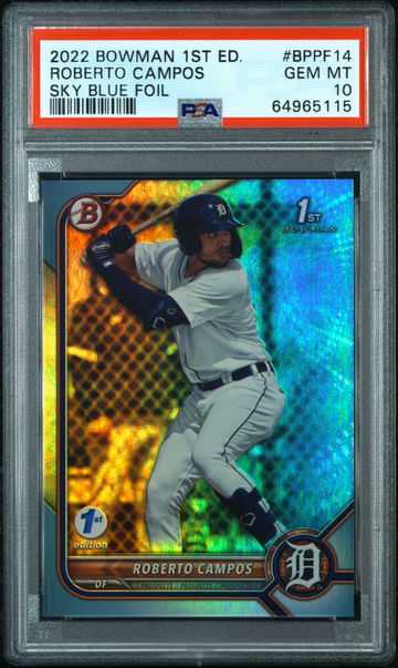 💎🚨 2022 Bowman 1st Edition ROBERTO CAMPOS 🦋 Sky Blue Foil PSA 10 🧨TIGERS 🦁