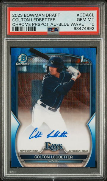 2023 BOWMAN COLTON LEDBETTER DRAFT CHROME PROSPECT AUTOGRAPH CHROME PRSPCT AU-BLUE WAVE #CDACL PSA 10  BS.B3.05