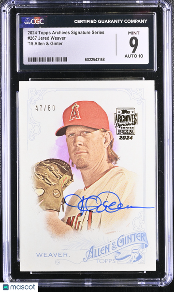 2024 Topps Archives Signature Series Jered Weaver #267 '15 Allen & Ginter /60 Auto CGC 9