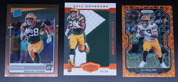 AJ Dillon 2020 RC Lot - 3 Card Lot - Bronze Rated Rookie, Patch Numbered, Prizm Lazer