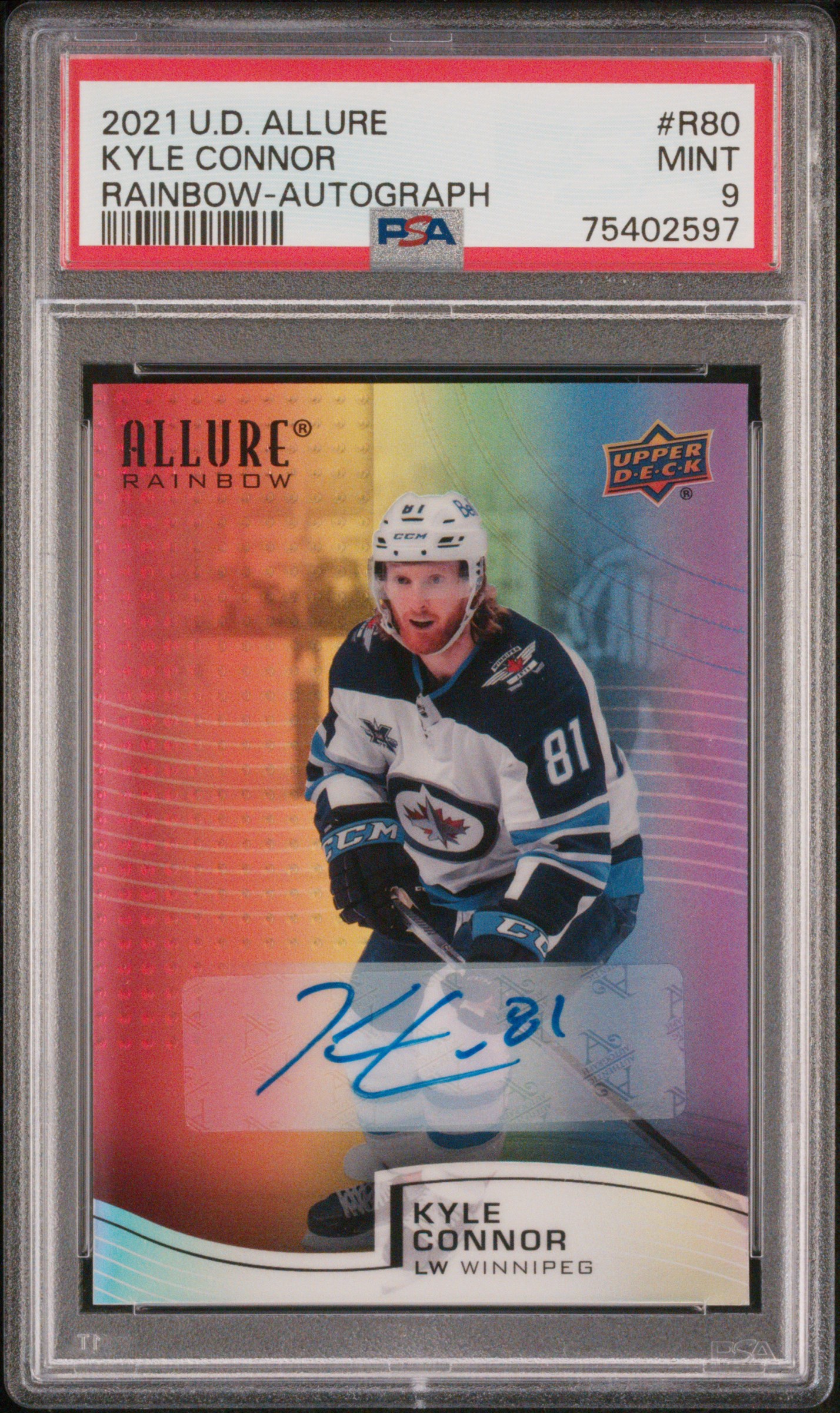 2021 Upper Deck Allure Rainbow Kyle Connor #R80 Rainbow-Autograph PSA 9