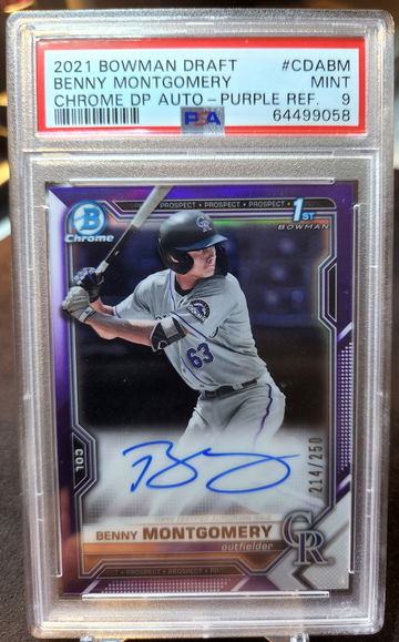2021 Bowman Chrome Draft Benny Montgomery 1st Purple Auto /250 Mint PSA 9