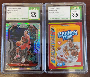 2020-21 Trae Young Lot - Prizm Hyper #64 / Donruss Crunch Time #3 - CSG 8.5 Hawks SP