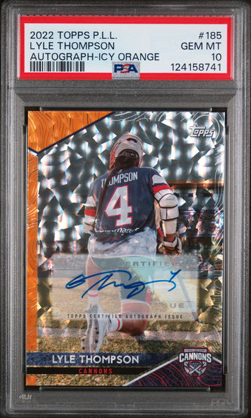 2022 Topps Premier Lacrosse League Autograph Icy Orange Lyle Thompson #185 /25 PSA 10