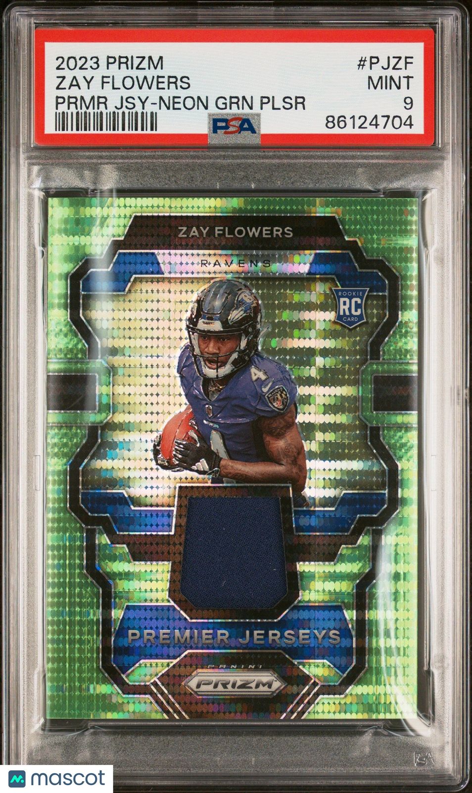 Zay Flowers 2023 Panini Prizm Premier Jerseys Neon Green Pulsar RC PSA9 MINT