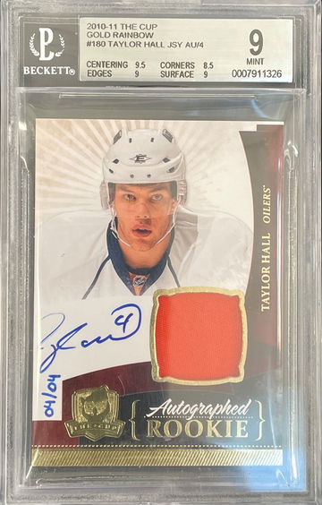 Taylor Hall 2010-11 UD The Cup Auto Rookie Patch #180 Gold Rainbow 4/4 Jersey Number RC BGS 9