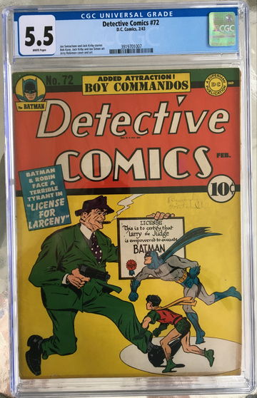 Detective Comics #72 (1943) CGC 5.5 -- White pages; Jack Kirby & Bob Kane