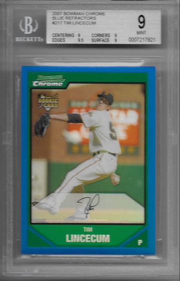 Tim Lincecum 2007 Bowman Chrome blue refractor BGS 9