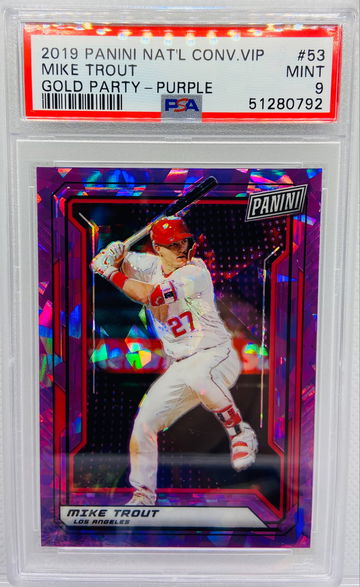 2019 Panini National Convention VIP Gold Party Mike Trout Purple Ice /99 PSA 9