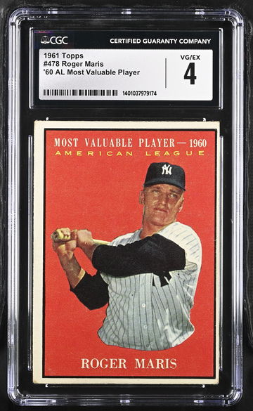 1961 TOPPS ROGER MARIS '60 AL MOST VALUABLE PLAYER #478 CGC 4 BS.B2.29