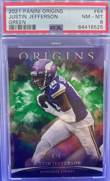 Justin Jefferson 2021 Panini Origins Green SSP Parallel 5/5 Vikings PSA 8 NM-MT
