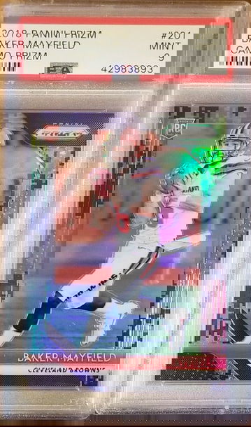 BAKER MAYFIELD 2018 PANINI PRIZM CAMO REFRACTOR ROOKIE RC #/75 PSA 9 BROWNS