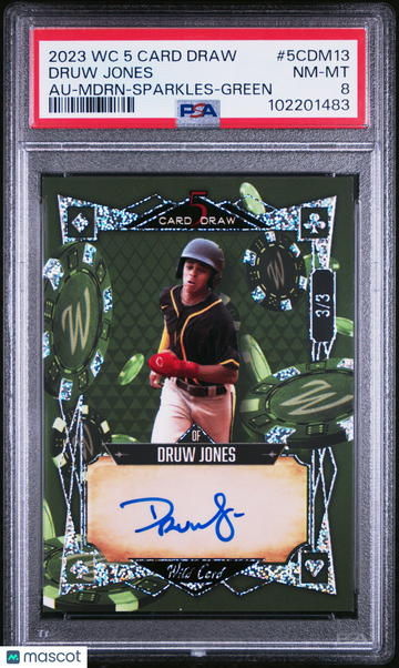 2023 Wild Card 5 Card Draw Autographs Druw Jones #5CDM13 Mdrn Sparkles Green /3 PSA 8