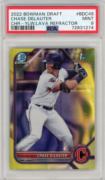 CHASE DELAUTER 2022 Bowman Chrome Draft Yellow Lava Refractor #'d /75 PSA 9 MINT - Gold - Cleveland Guardians