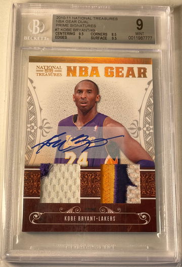 2010-11 NATIONAL TREASURES KOBE BRYANT NBA GEARD DUAL PATCH AUTO /49 BGS 9