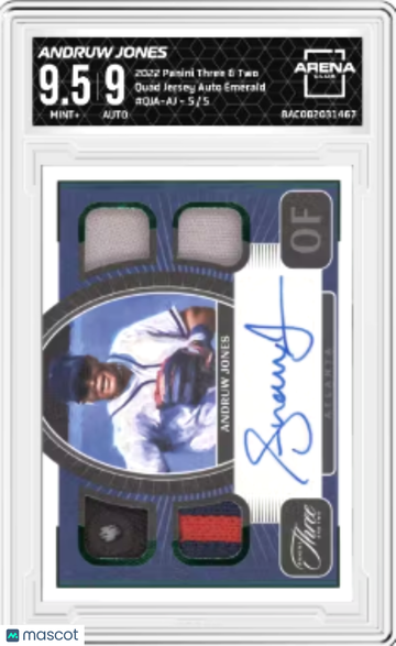 2022 Panini Three and Two Andrew Jones #QIA-AJ Quad Jersey Auto Emerald /5 Arena Club 9.5 Auto 9
