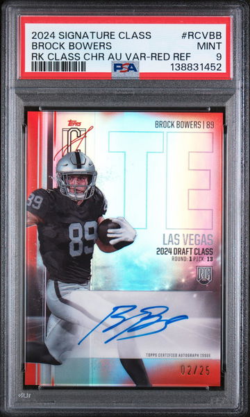 2024 Topps Signature Class Rookie Class Chrome Autograph Variation Red Refractor Brock Bowers #RCVBB /25 PSA 9