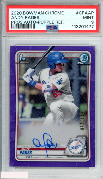2020 BOWMAN CHROME PROSPECT AUTO ANDY PAGES #CPAAP PURPLE 92 OF 250 1ST RC PSA 9
