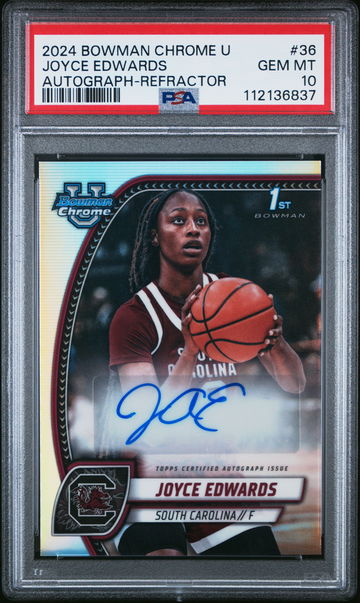 2024 BOWMAN CHROME UNIVERSITY AUTO JOYCE EDWARDS REFRACTOR #36 PSA 10