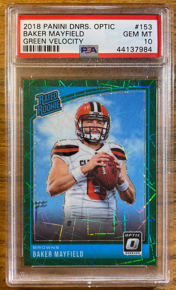 2018 Panini Donruss Optic Baker Mayfield #153 Green Velocity PSA 10 Rookie SP RC