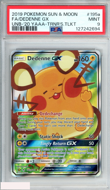 2019 POKEMON SM UNBROKEN BONDS FA DEDENNE GX #195A 20 YAAA TRAINER TOOLKIT PSA 9