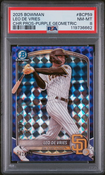 2025 Bowman Chrome Prospects Purple Geometric Leo De Vries #BCP59 /250 PSA 8