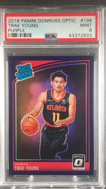 TRAE YOUNG 2018 19 DONRUSS OPTIC RATED ROOKIE RC PURPLE PRIZM PSA 9 HA0WKS