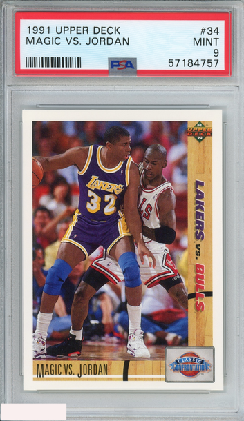 1991 UPPER DECK MAGIC VS JORDAN #34 LOS ANGELES LAKERS CHICAGO BULLS PSA 9 MINT