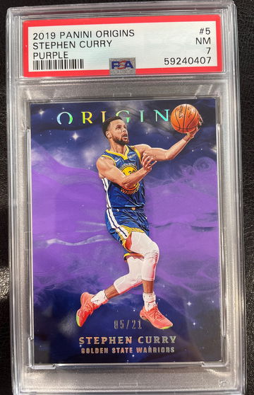 2019-20 PANINI ORIGINS STEPHEN CURRY PURPLE FOTL EXCLUSIVE /21 PSA 7 NM POP 1