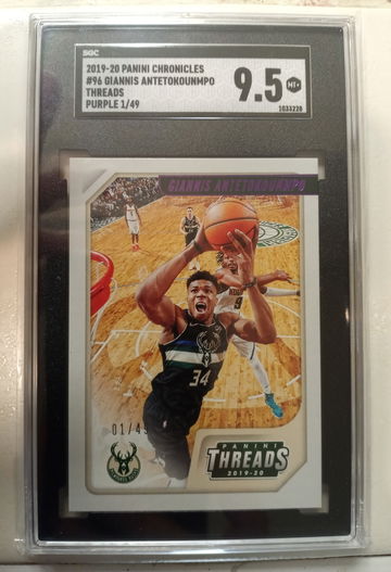 2019-20 Giannis Antetokounmpo Chronicles Threads Purple 1/49 SGC 9.5