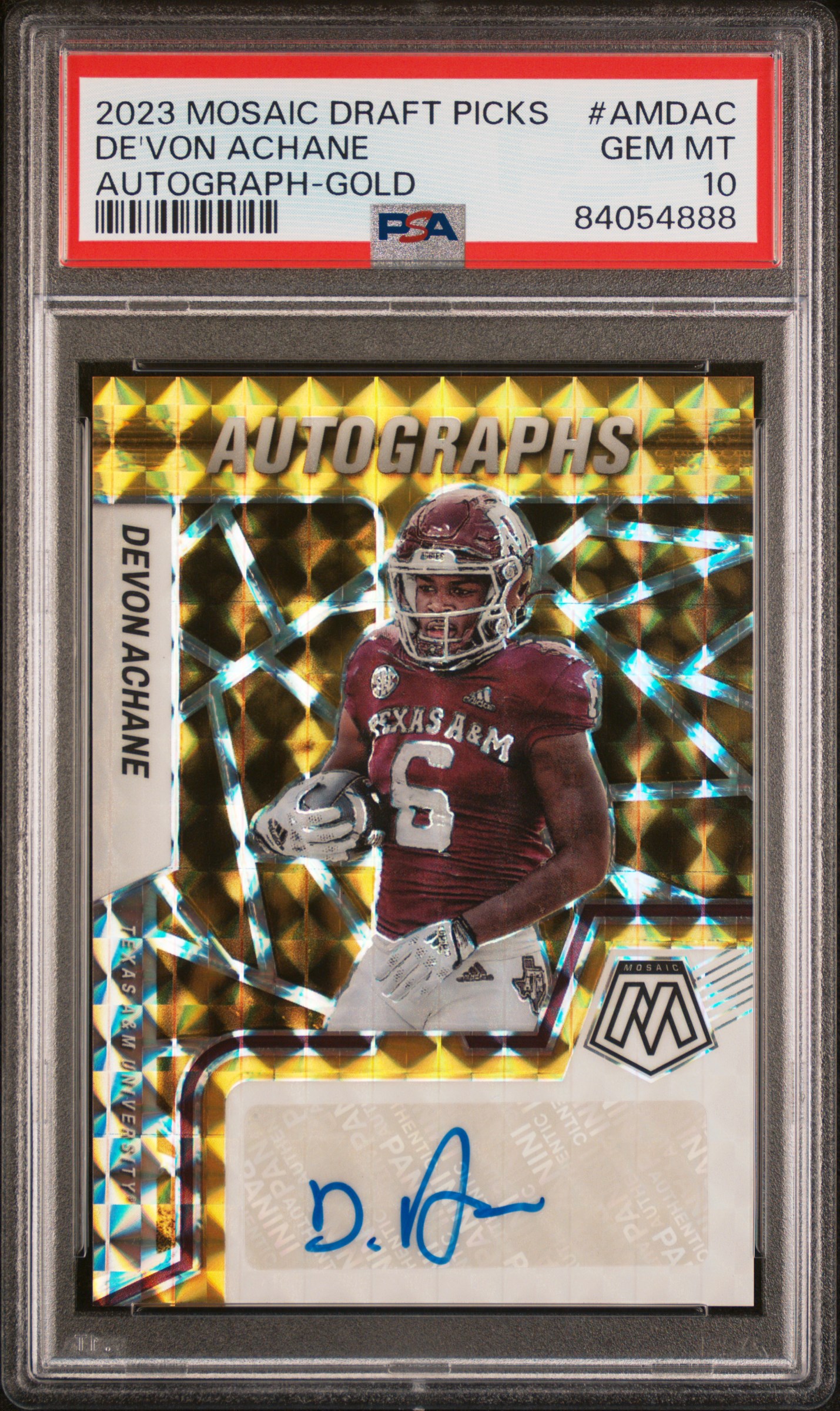 2023 Panini Mosaic Draft Picks Gold De'Von Achane #AMDAC Auto /10 PSA 10