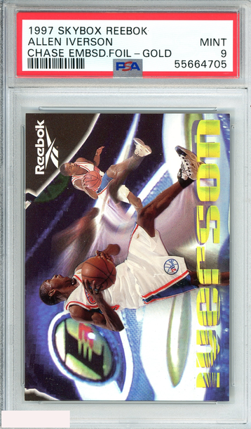 1997 SKYBOX REEBOK ALLEN IVERSON  CHASE EMBSD FOIL-GOLD 76ERS  PSA 9 MINT POP 2