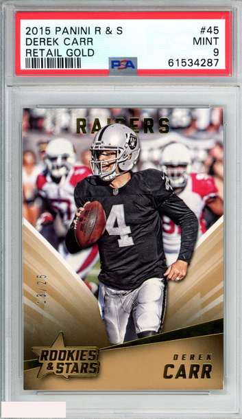 2015 PANINI ROOKIES AND STARS DEREK CARR 45 RETAIL GOLD 13 OF 25 PSA 9 MINT POP1