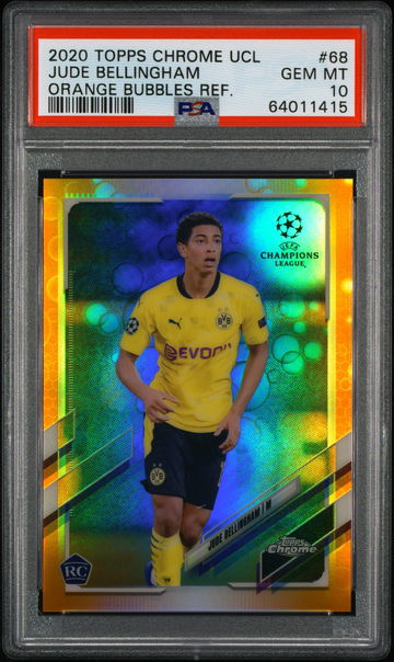 2020 TOPPS CHROME UEFA UCL JUDE BELLINGHAM SSP ORANGE BUBBLES #68 RC PSA 10