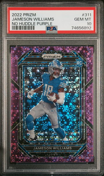 2022 PANINI PRIZM JAMESON WILLIAMS #311 NO HUDDLE ROOKIE PURPLE PSA 10 /35