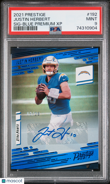 2021 Panini Prestige Justin Herbert #192 SIG Blue Premium XP /20 PSA 9
