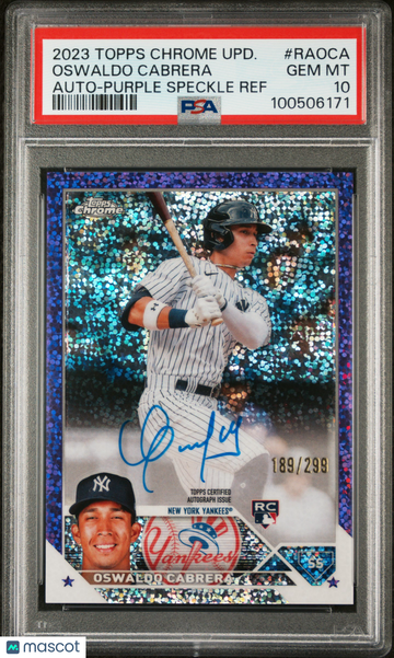 2023 Topps Chrome Update Autograph Oswaldo Cabrera #RAOCA Purple Speckle Ref /299 PSA 10