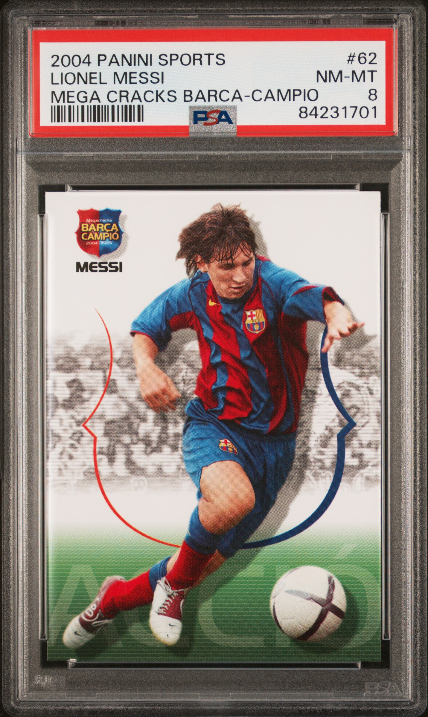 Lionel Messi 2004 Panini Sports Mega Cracks Barca ROOKIE #62 PSA 8