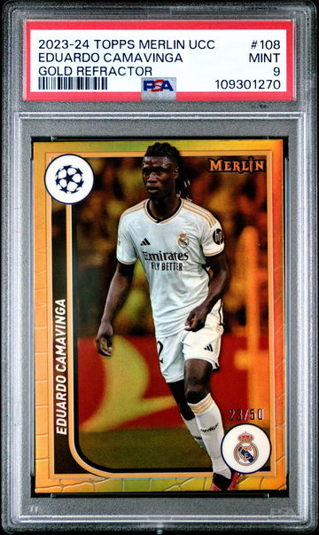 2023 Topps Merlin UEFA Club Competitions Gold Refractor Eduardo Camavinga #108 /50 PSA 9