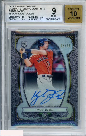 2019 BOWMAN CHROME STERLING CONT AUTO KYLE TUCKER #BSAKT 93 OF 99 RC BGS 9 AU 10