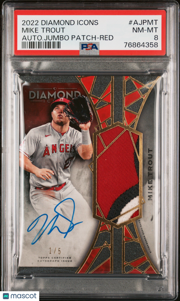 2022 Topps Diamond Icons Autographed Jumbo Patch Mike Trout #AJPMT Autograph Jumbo Red /5 PSA 8