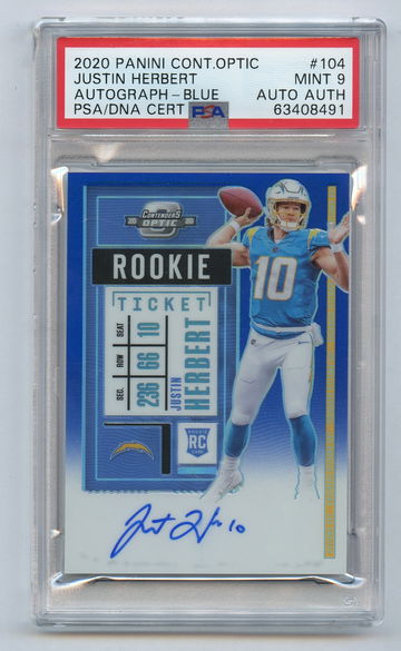 JUSTIN HERBERT 2020  Contenders Optic Blue Rookie Ticket  /75 #104 PSA 9 Auto 