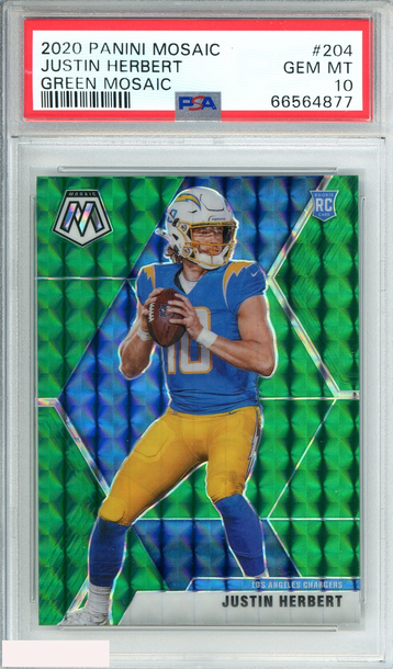 2020 PANINI MOSAIC JUSTIN HERBERT #204 GREEN MOSAIC ROOKIE RC PSA 10 GEM MT