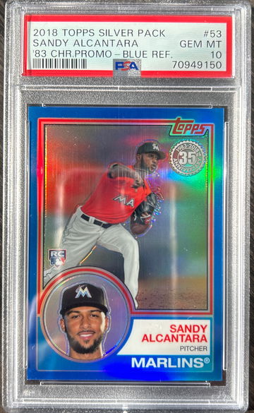 2018 Topps Silver Pack Sandy Alcantara ‘83 Chrome Blue Refractor /150 PSA 10