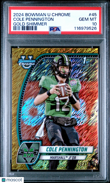 2024 Bowman University Chrome Cole Pennington #45 Gold Shimmer PSA 10