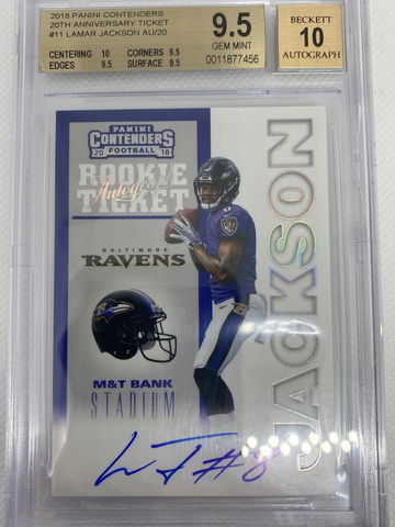 2018 Contenders Rookie Ticket 20th Anniversary Lamar Jackson RC AUTO /20 BGS 9.5