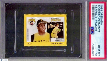 POP 6 PSA 10 Roberto Clemente 1988 Grenada Hand Cut Vintage Stamp Blank Back SSP